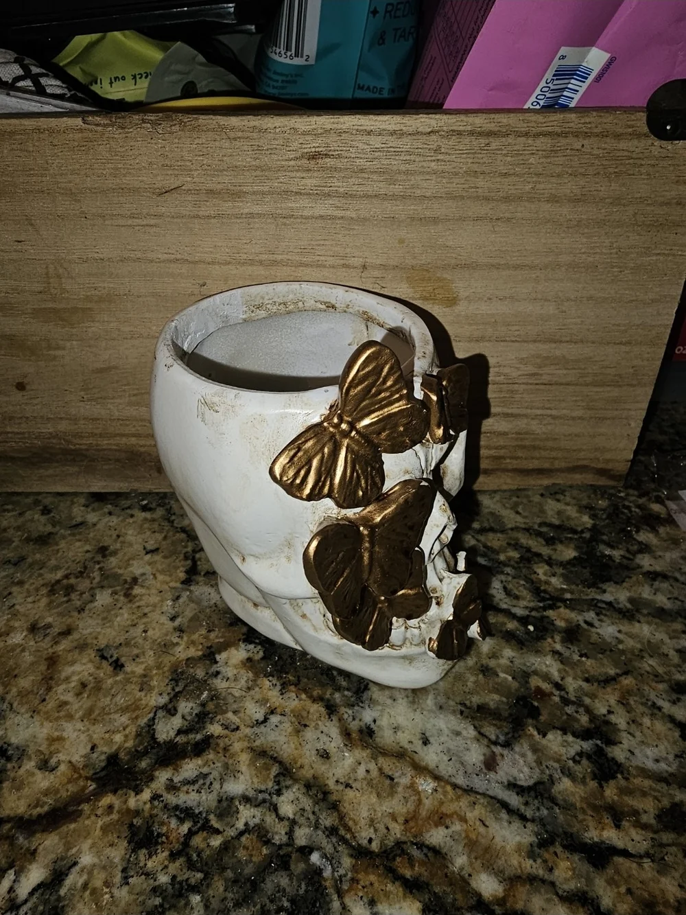 White Ceramic Skull Vase with Gold Butterflies
